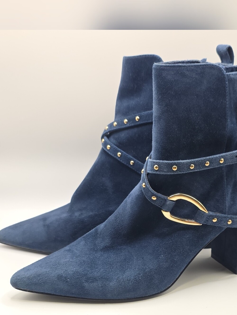 White House Black Market Makayla Blue Suede Studded Strap Booties Size 7.5M
